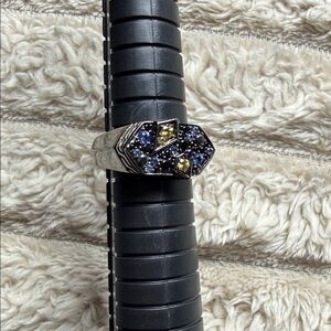 John Hardy Silver Band Ring with Black Accent. Purple and yellow stones